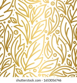Las hojas doradas y blancas son un patrón sin fisuras. Plantilla de ornamento vectorial vintage. Elementos Paisley. Excelente para tela, invitación, fondo, papel pintado, decoración, embalaje o cualquier idea deseada.