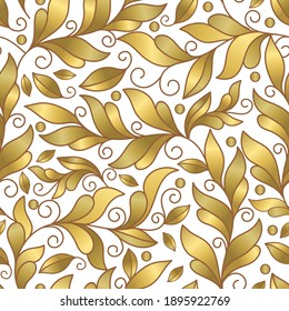 El patrón de hojas doradas y blancas es impecable. Plantilla de ornamento vectorial vintage. Elementos Paisley. Excelente para tela, invitación, fondo, fondo de pantalla, decoración, embalaje o cualquier idea deseada.