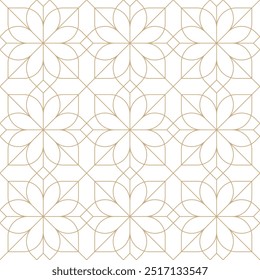 Gold and white line flowers and diagonals seamless vector pattern. Geometric floral linear diamond tile pattern. Luxurious mosaic art deco texture. Golden lines on white background wedding design.