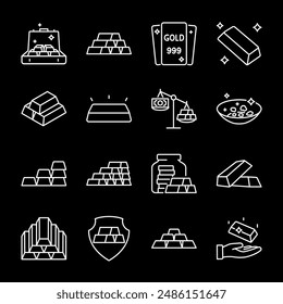 Gold, white line icons. Precious metals, investment storage, and wealth symbols. Perfect for finance and jewelry themes. Symbols on black background. Editable stroke.