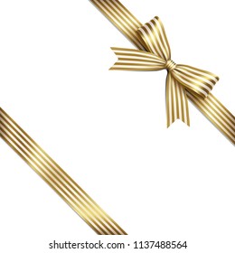 Gold and white lines isolated lean ribbon bow on white background. Vector illustration of Christmas lean ribbon bow. Greeting gift bow concept.