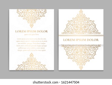 Gold and white luxury invitation card design. Vintage ornament template. Can be used for background and wallpaper. Elegant and classic vector elements great for decoration.