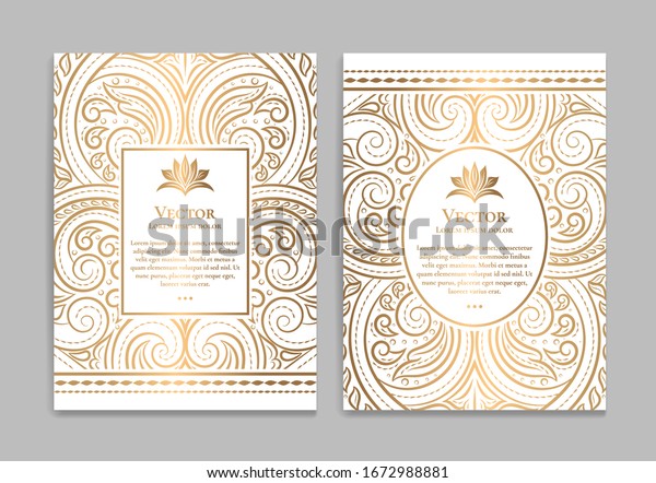 Gold and white\
luxury invitation card design. Vintage ornament template. Can be\
used for background and wallpaper. Elegant and classic vector\
elements great for\
decoration.