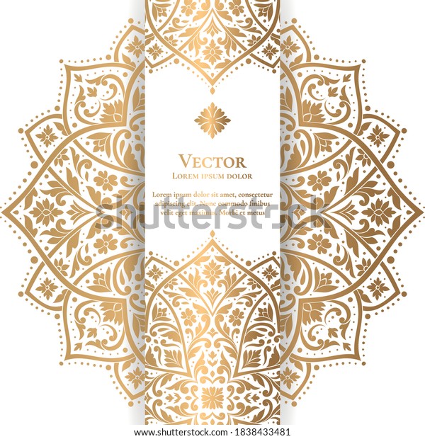 Gold and white luxury invitation card design\
with vector mandala pattern. Vintage ornament template. Can be used\
for background and wallpaper. Elegant and classic vector elements\
great for decoration.