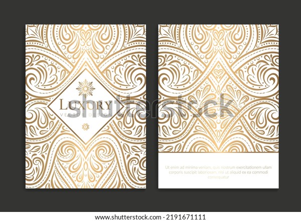 Gold and white luxury invitation card design\
with vector ornament pattern. Vintage template. Can be used for\
background and wallpaper. Elegant and classic vector elements great\
for decoration.