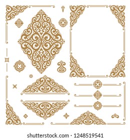 Luxus-Vektorset aus Gold und Weiß mit Vintage-Elementen. Elegantes, klassisches Muster. Ideal für Logo, Monogramm, Einladung, Flyer, Menü, Broschüre, Emblem, Verpackung, Hintergrund oder jede erwünschte Idee.