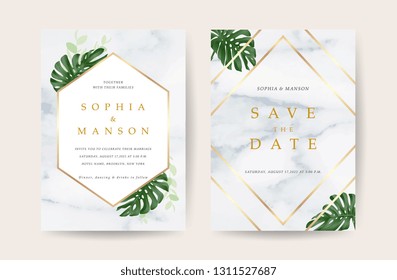 Gold and white marble wedding invite card with greenery floral and golden border texture and save the date text style vector.