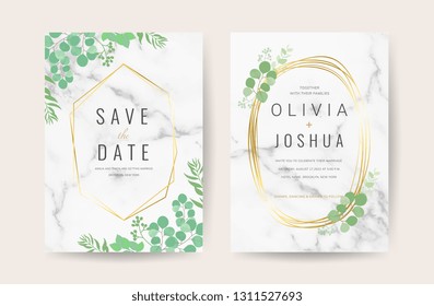 Gold and white marble wedding invite card with greenery floral and golden border texture and save the date text style vector.