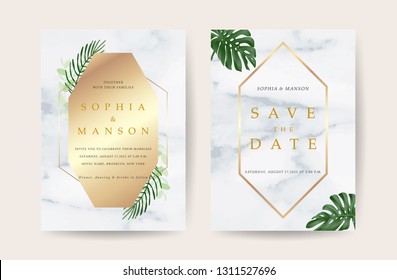 Gold and white marble wedding invite card with greenery floral and golden border texture and save the date text style vector.