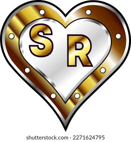 Corazón metálico dorado y blanco con letras iniciales S y R, brillante ilustración vectorial, amor asombroso, pasión y vector de felicidad, ilustración para pareja valentina. ¡Dios es bueno!