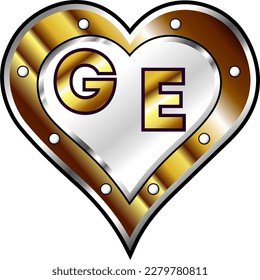 Gold and white metallic heart with initial letters G and E, shiny vector illustration, amazing love, passion and happiness vector, illustration for valentine couple. God is good!