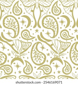 Gold and white mnochrome seamless pattern with celestial luna moth and paisley motif. Stars and moons boho wallpaper. Nocturnal butterfly background.