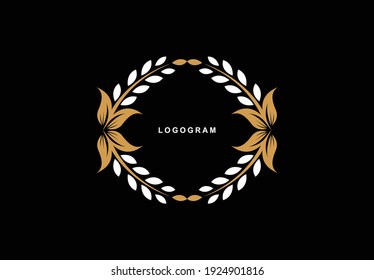 Gold white on black  background rounded laurel logo