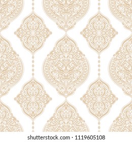 Gold and white ornamental seamless pattern. Vintage vector, paisley elements. Ornament. Traditional, Turkish, Indian motifs. Great for fabric and textile, wallpaper, packaging or any desired idea. 