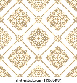 Gold and white ornamental seamless pattern. Vintage vector, luxury elements. Great for fabric, invitation, flyer, menu, brochure, background, wallpaper, decoration, packaging or any desired idea.