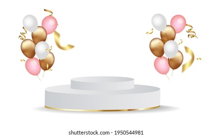 Gold, white and pink balloons, design elements, cards, banners, posters, festive vector illustrations