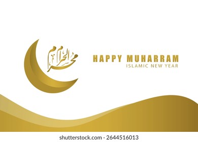 A gold and white poster with a crescent moon and the words Happy Muslim New Year. The poster is designed to convey a sense of celebration and joy for the upcoming holiday