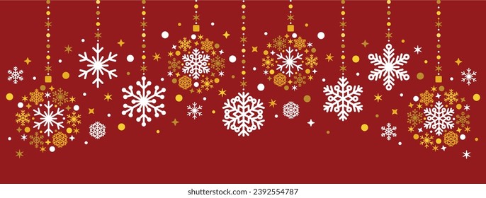 ornamento dorado de copo de nieve rojo blanco set invierno vacaciones celebrar navidad navidad chismoso bello ilustración vectorial de lujo diseño gráfico largo borde de cabecera	