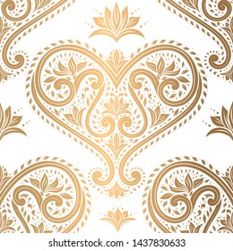 Diseño floral sin fisuras de oro y blanco con corazones decorativos. Plantilla vectorial vintage de fondo, elementos florecientes de lujo. Excelente para tejidos, papel pintado, decoración, embalaje o cualquier idea deseada.