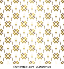 Gold and white seamless pattern with geometric flowers. Traditional Arabic, Indian motifs. Great for fabric and textile, wallpaper, packaging or any desired idea.
