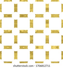 Gold and white seamless pattern with glitter foil textured grid. Abstract artistic geometric background. Bright shiny illustration for fabric design, wallpaper, decorative paper, web