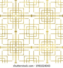 Gold and white seamless pattern with glitter foil textured rectangles. Abstract vector squares. Bright shiny illustration for fabric design, wallpaper, decorative paper, web design, background.