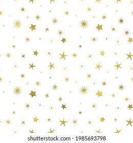 Gold and white seamless pattern with glitter foil textured confetti stars. Abstract vector space. Bright shiny illustration for fabric design, wallpaper, decorative paper, web design, background.