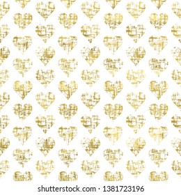 Gold and white seamless pattern with golden print of  grunge hearts. Shiny  vector illustration. Bright glow glitter hearts and white wrapping. Texture of gold foil.  Festive banner.