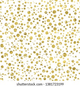 Gold and white seamless pattern with golden print of  grunge circles. Shiny  vector illustration. Bright glow glitter dots and white wrapping. Texture of gold foil. Festive banner.