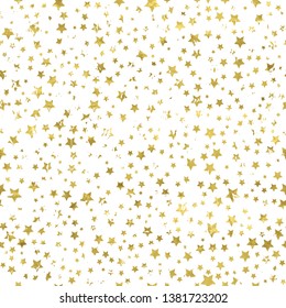 Gold and white seamless pattern with golden print of  grunge stars. Shiny  vector illustration. Bright glow glitter stars  and white wrapping. Texture of gold foil.  Festive banner.