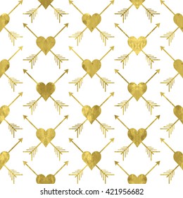 Gold and white seamless pattern with golden print of  hearts and arrows. Shiny  vector illustration. Bright glow glitter and white wrapping.
