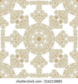 Gold and white seamless pattern with mandala ornament. Traditional Arabic, Indian motifs. Great for fabric and textile, wallpaper, packaging. 