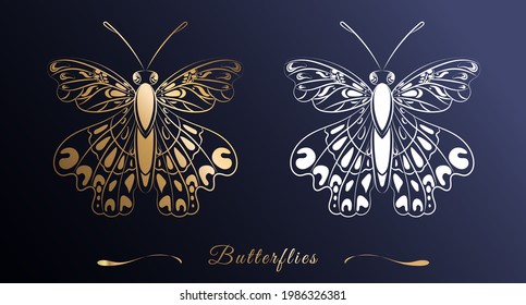Gold and white silhouette of a butterfly in line art style on a dark background. Openwork drawing of wings. Vector illustration. Summer style.