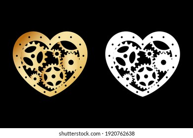 Gold and white silhouettes of heart with gears. Mechanism. Steampunk. Vector design element for a stylish holiday greeting card, print for t-shirt, clothing, love concept, laser and plotter cutting