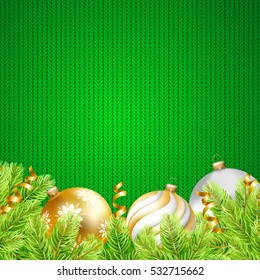 Gold, white, silver balls and fir-tree on knitted background. Christmas greeting card. Vector illustration.