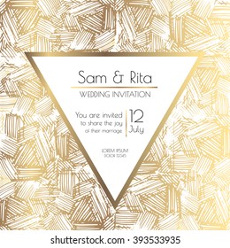 Gold and white square wedding card. Invitation layout. EPS 10 vector illustration.