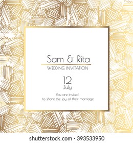 Gold and white square wedding card. Invitation layout. EPS 10 vector illustration.