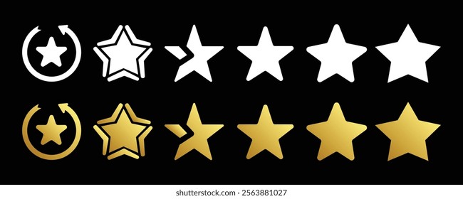 Gold and White Star Icons with Circular and Outline Designs on a Black Background