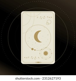 Gold and white Tarot card with a crescent on a black background with stars. Tarot symbolism. Mystery, astrology, esoteric