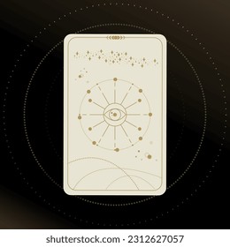 Gold and white Tarot card with a magical eye on a black background with stars. Tarot symbolism. Mystery, astrology, esoteric