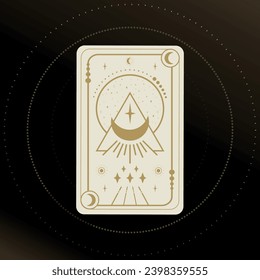 Gold and white Tarot card with a shining crescent in triangle decorated with geometric shapes. Tarot symbolism. Mystery, astrology, esoteric. Vector illustration