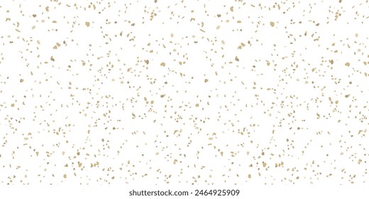 Gold and white terrazzo flooring texture. Vector seamless pattern with chaotic scattered golden confetti on transparent background. Luxury mosaic floor surface. Trendy design for decor, package, print