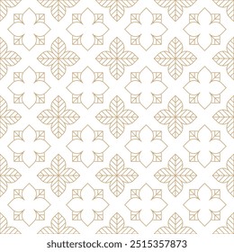 Gold and white thin line seamless vector pattern. Geometric floral linear rose flowers tile pattern. Luxurious oriental art deco texture background. Golden lines on white background wedding design.