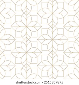 Padrão de vetor sem emenda de linha fina dourado e branco. Padrão geométrico floral linear de azulejos florais. Luxuoso fundo de textura oriental art déco. Linhas douradas sobre fundo branco design de casamento.