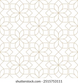 Padrão de vetor sem emenda de linha fina dourado e branco. Padrão geométrico floral linear de azulejos florais. Luxuoso fundo de textura oriental art déco. Linhas douradas sobre fundo branco design de casamento.