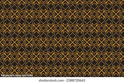Gold and white thin line seamless vector pattern. Geometric floral linear flower tile pattern. Luxurious oriental art deco texture background. Golden lines on black background wedding design.