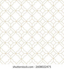 Gold and white thin line seamless diamond pattern. Geometric linear flower gem pattern. Luxury art deco background. Oriental ornamental lattice grid design. Golden lines on white wedding background.