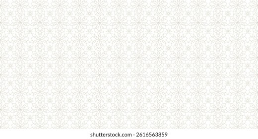 Gold and white thin line seamless vector pattern. Geometric floral linear flower tile pattern. Luxurious oriental art deco texture background. Golden lines on white background wedding design.