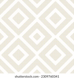 Gold and white vector geometric seamless pattern with lines, stripes, squares made for small dots. Luxury abstract graphic texture. Simple minimal dotted background. Modern repeat golden geo design