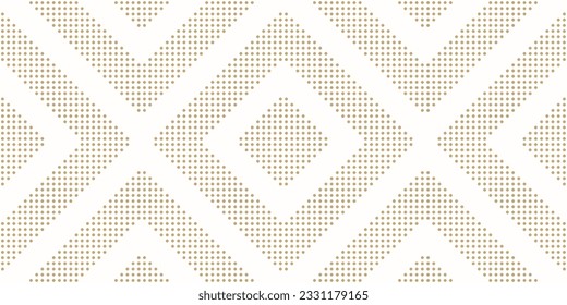 Gold and white vector geometric seamless pattern with lines, stripes, squares made for small dots. Luxury abstract graphic texture. Simple minimal dotted background. Modern repeat spotted geo design